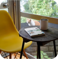 写真:テーブルの上にコーヒーと本が置いてあります。奥に猫がいます。